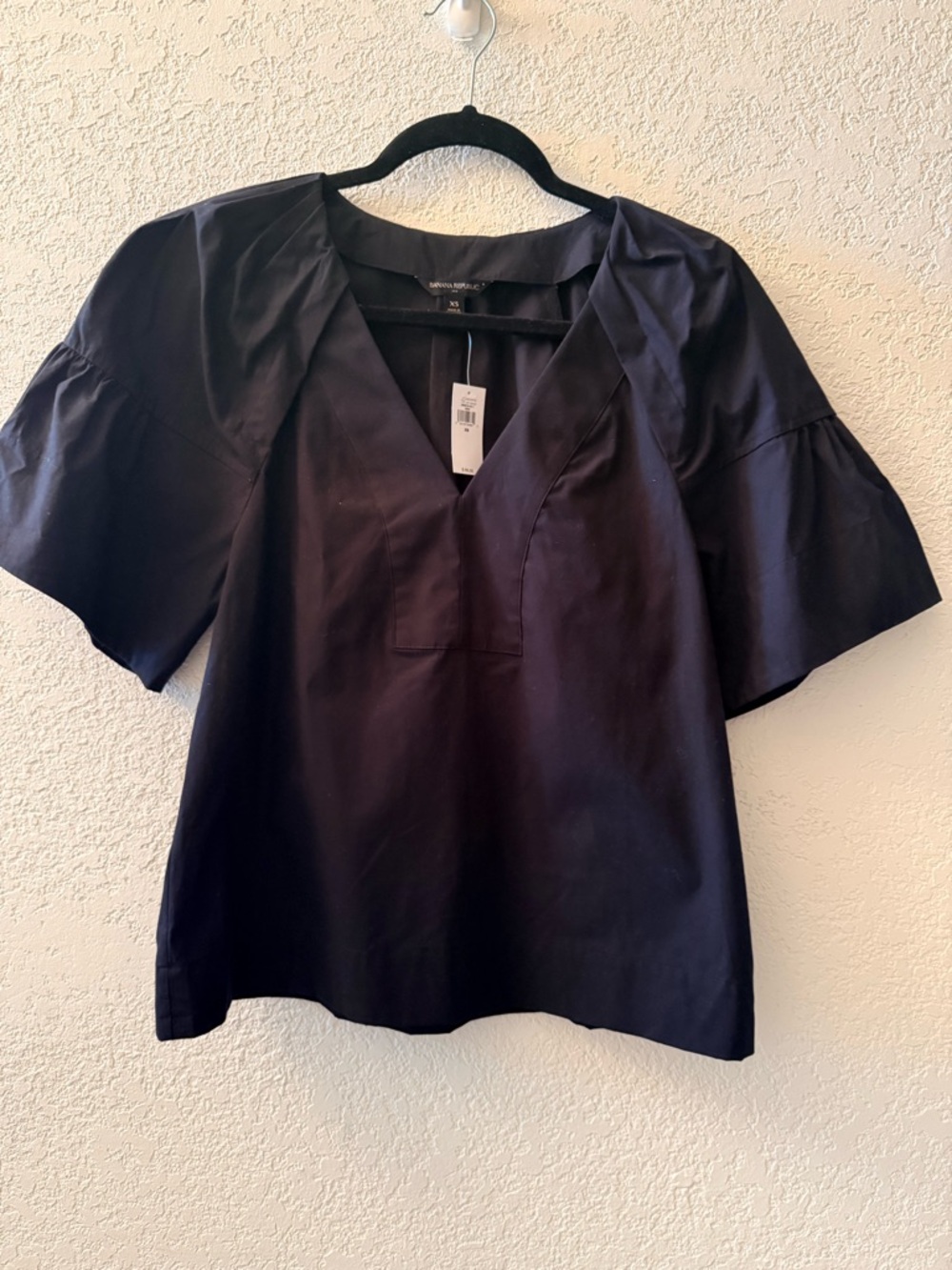 BANANA REPUBLIC V-Neck Black Poplin Puff Sleeve Women’s Chic Blouse Top Size XS